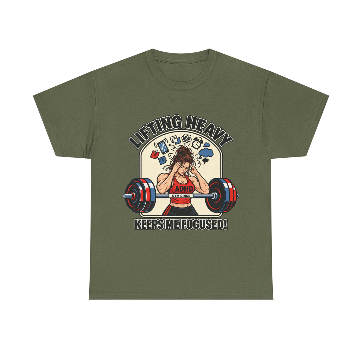 Gym Ginge product media | GG|Military Green|Ladies ADHD Lifting V2 - Front Only T-Shirt|V1