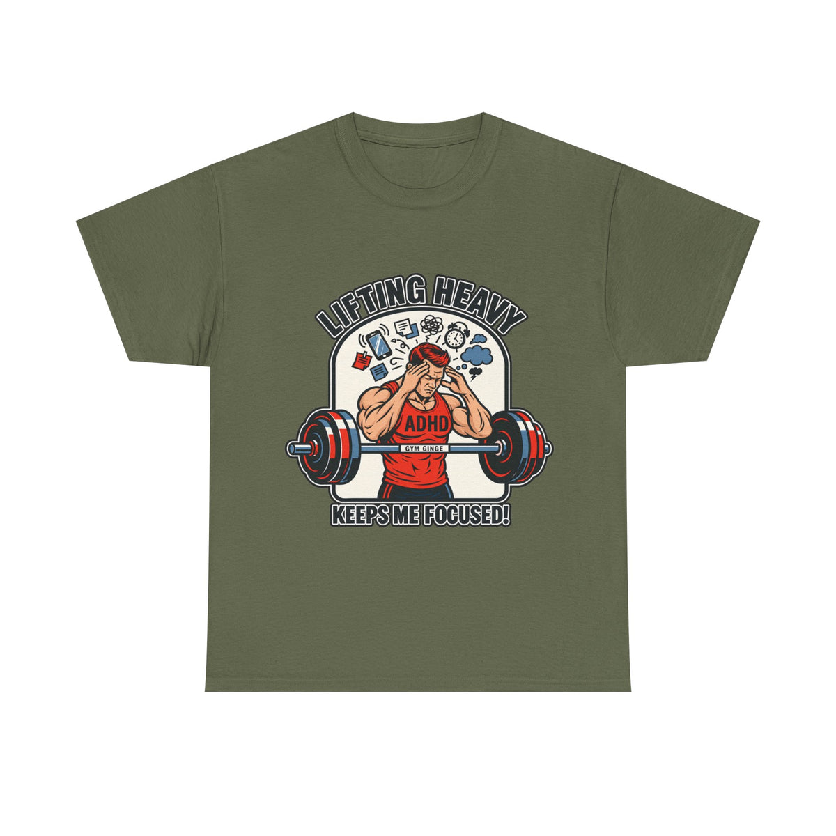 Gym Ginge product media | GG|Military Green|Mens ADHD Lifting V2 - Front Only T-Shirt|V1