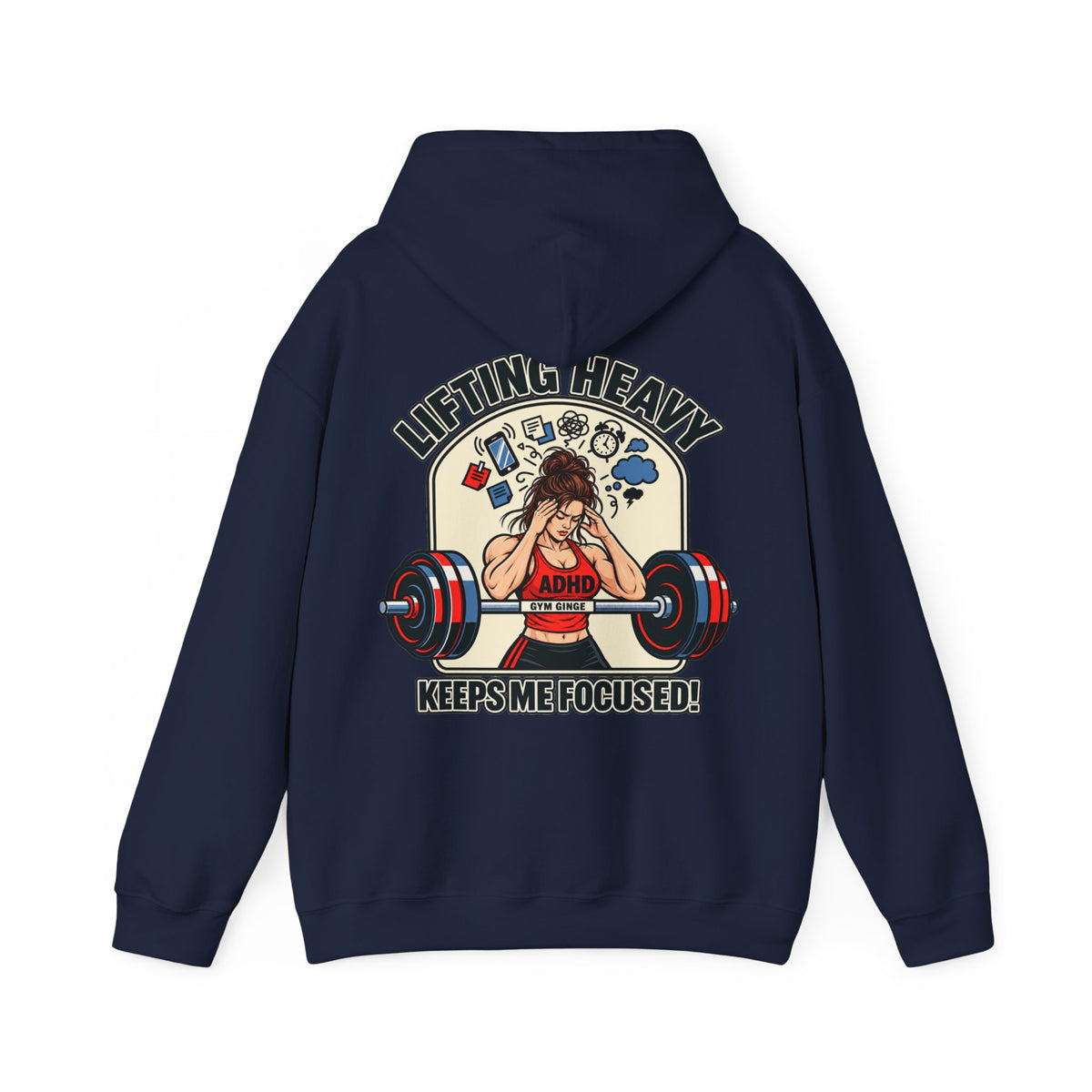 Gym Ginge product media | GG|Navy|Ladies ADHD Lifting V2 - Strength Dept. Front Hoodie|V1