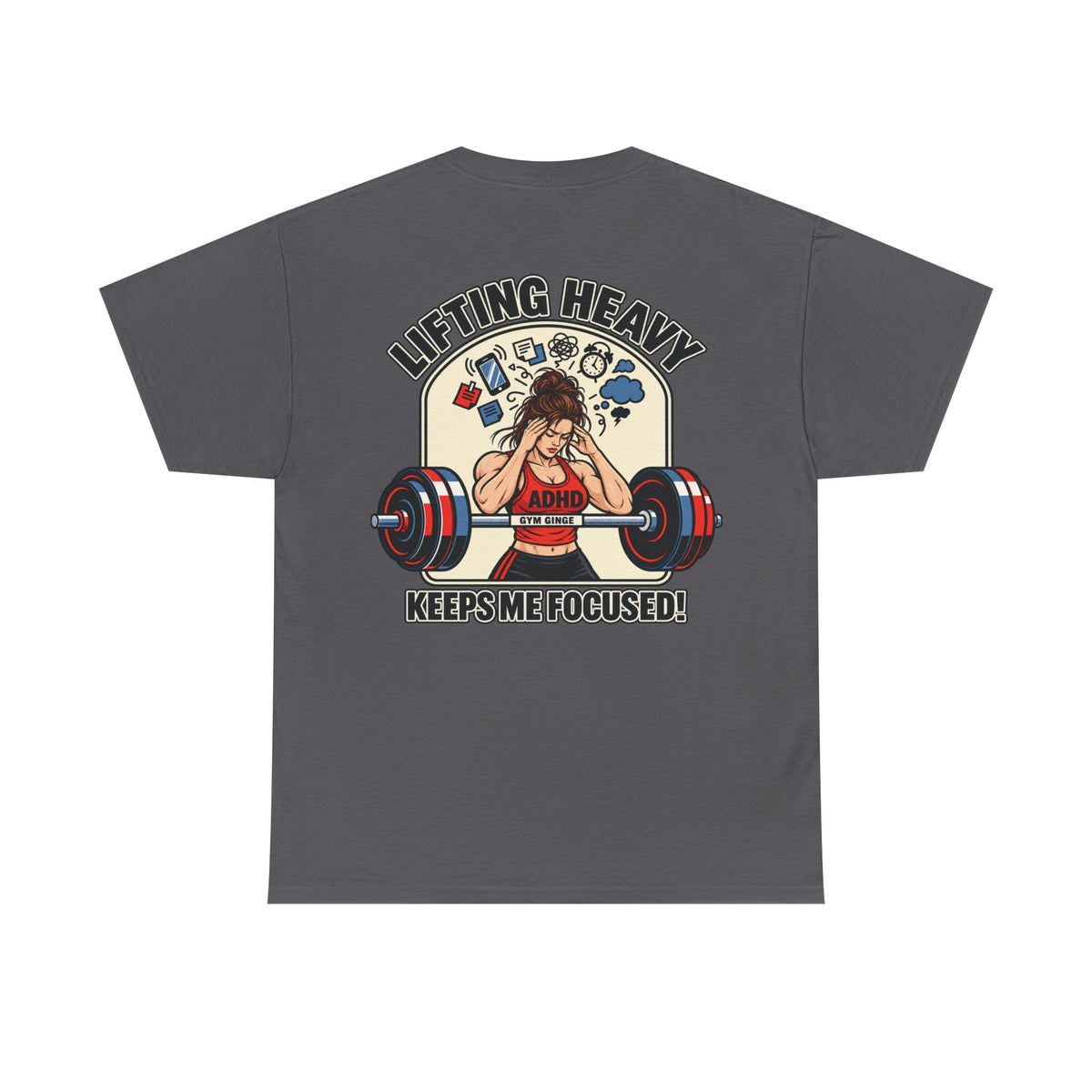 Charcoal product view | GG|Charcoal|Ladies ADHD Lifting V2 - Strength Dept. Front T-Shirt|V2
