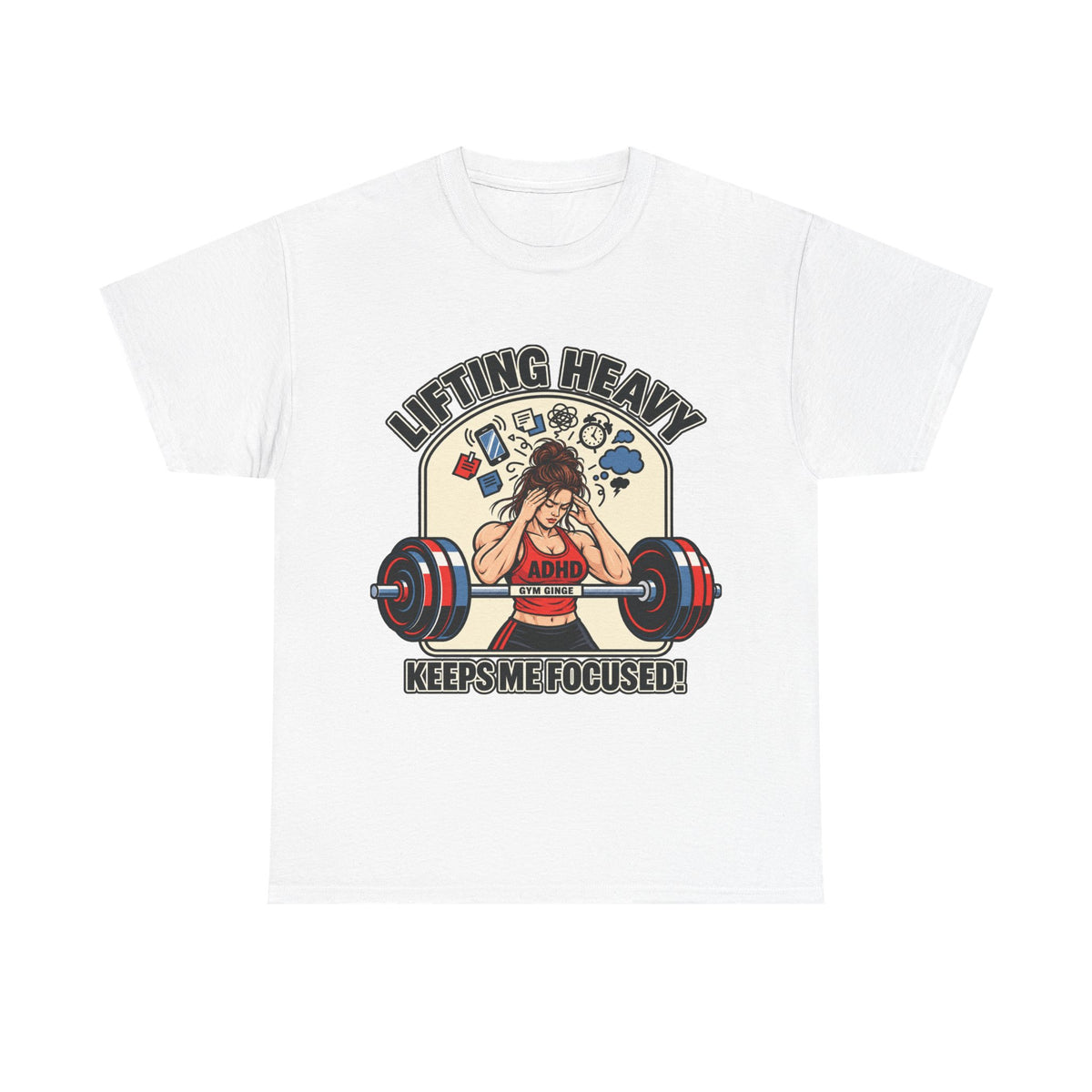 Gym Ginge product media | GG|White|Ladies ADHD Lifting V2 - Front Only T-Shirt|V1
