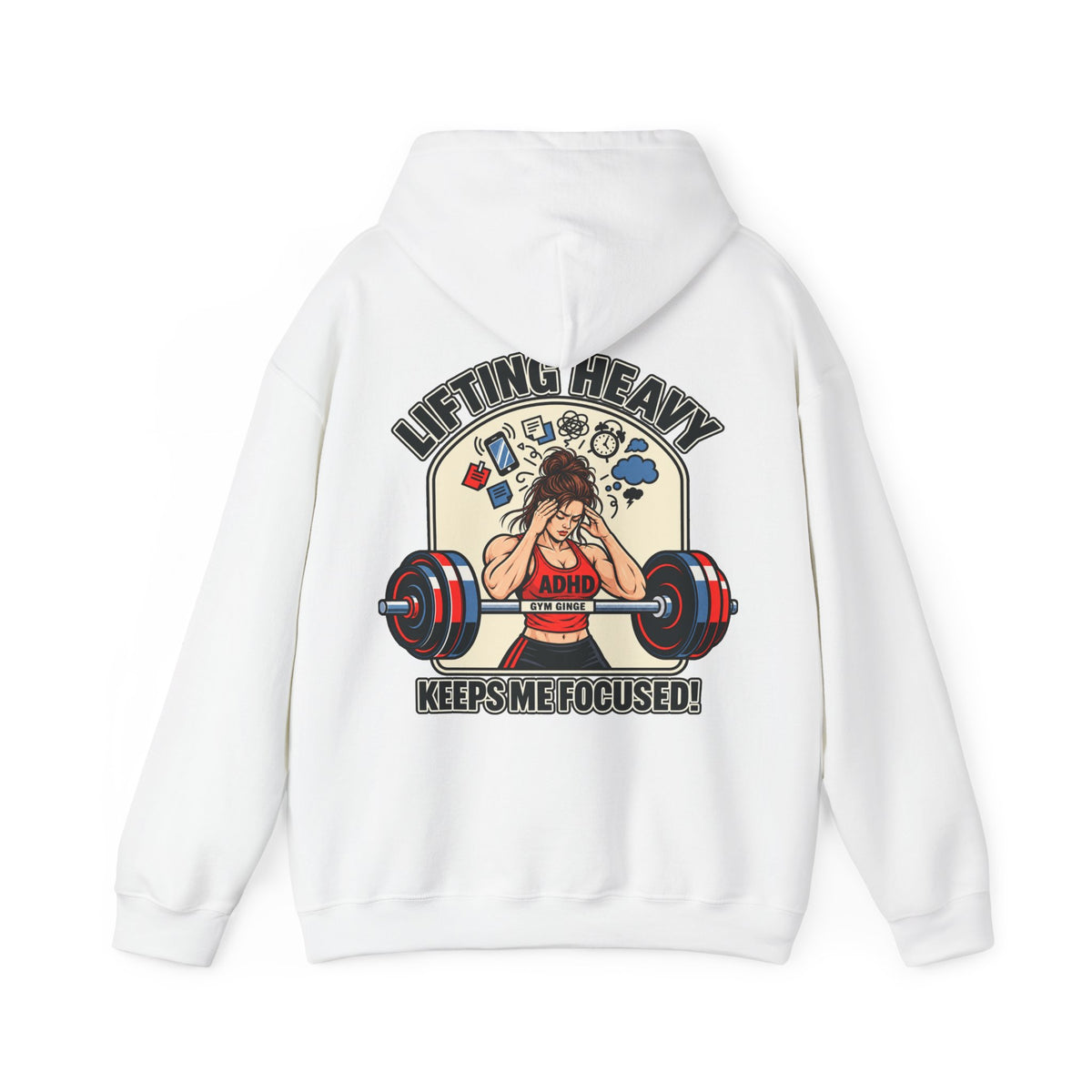 Gym Ginge product media | GG|White|Ladies ADHD Lifting V2 - Strength Dept. Front Hoodie|V1