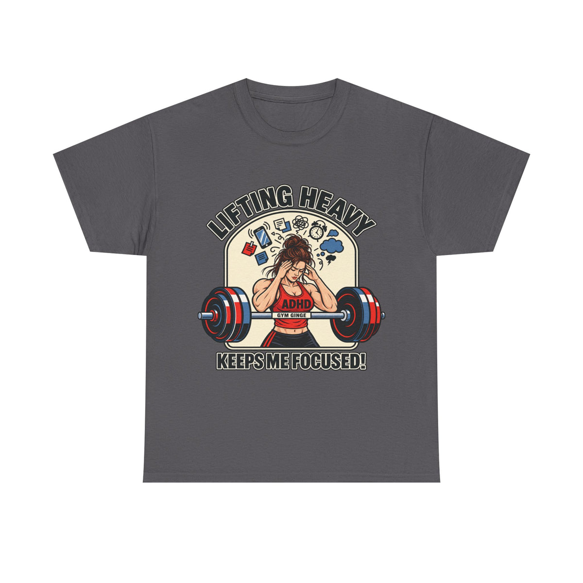 Gym Ginge product media | GG|Charcoal|Ladies ADHD Lifting V2 - Front Only T-Shirt|V1